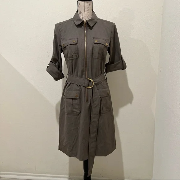 SHARAGANO Stretch Dress Women Size 8P Petite, Roll Tab Sleeves, Pockets, Belted - Picture 1 of 8